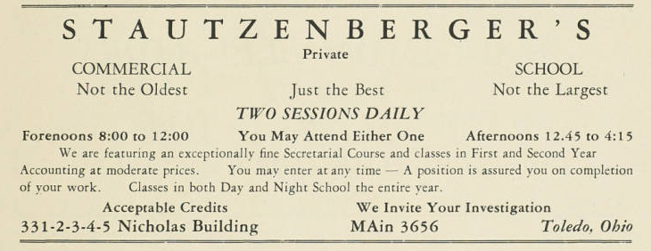 One of the earliest adverts for Stautzenberger, published in The Edelian, 1928