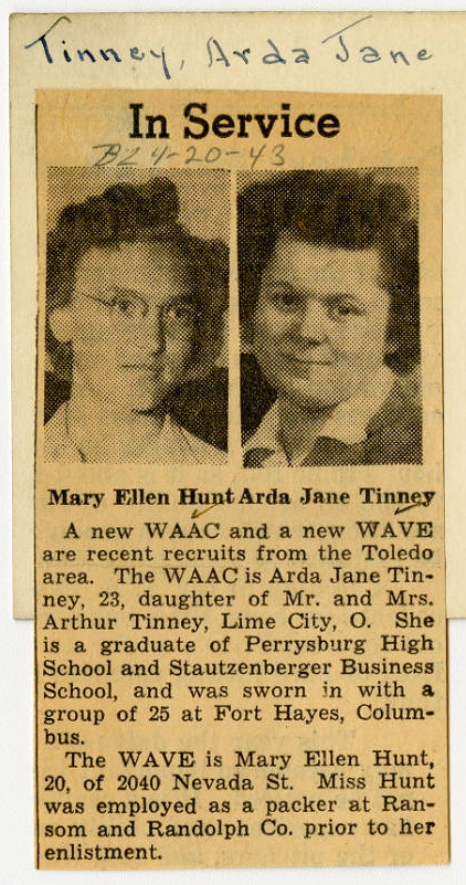 a 1943 News article about Stautz alum Arda Jane Tinney joining the Women's Army Auxiliary Corps (WAAC)