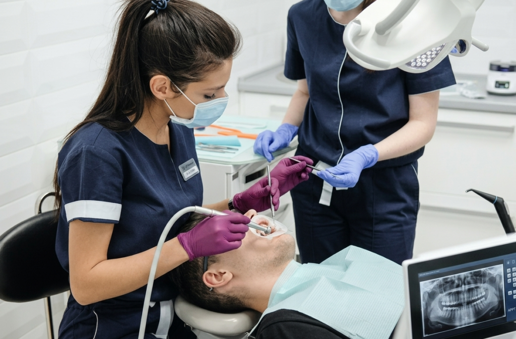 Dental assistant performing chairside duties, dental assistant jobs