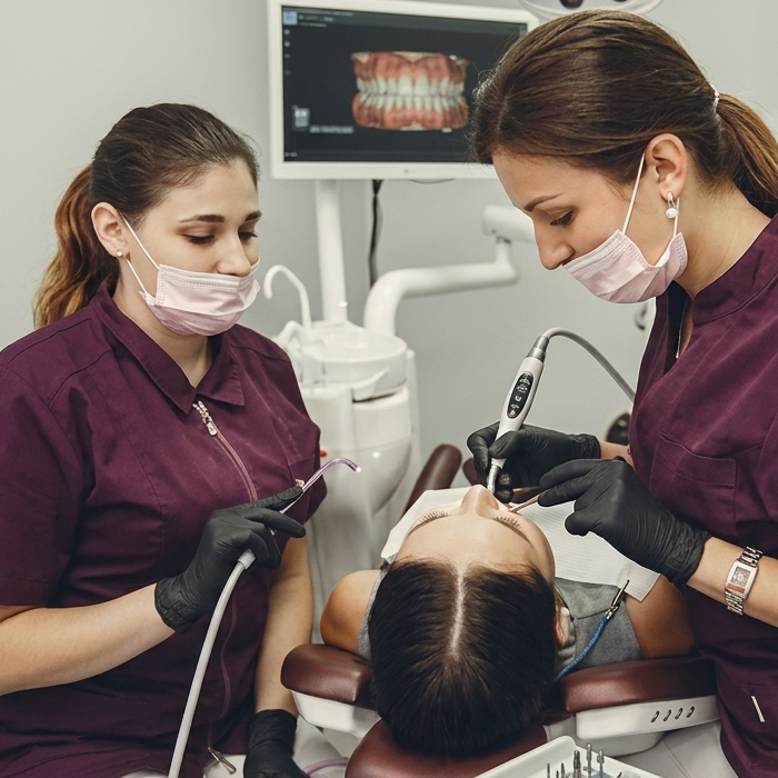 Dental assistants assisting a patient chairside dental assistant jobs.