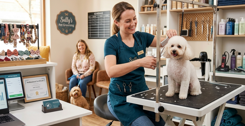 Pet groomer using a comb and scissors on a small white dog standing on a grooming table in a salon.