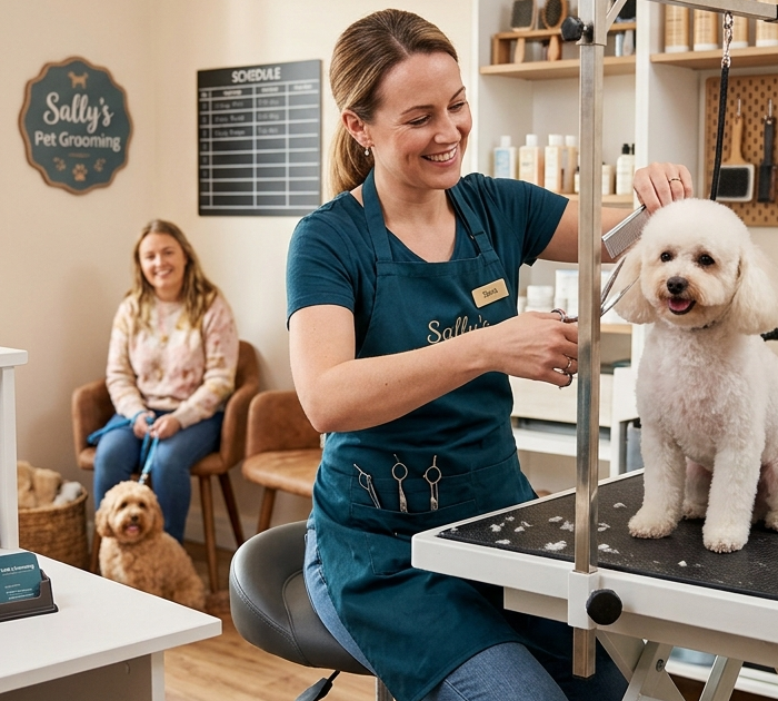 Pet groomer using a comb and scissors on a small white dog standing on a grooming table in a salon.
