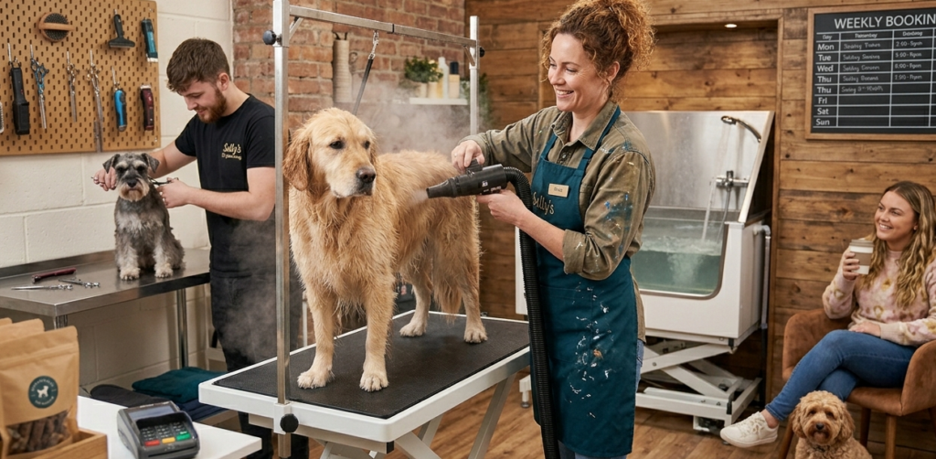 Pet groomer blow-drying a golden retriever while another groomer trims a small dog at a nearby salon station.