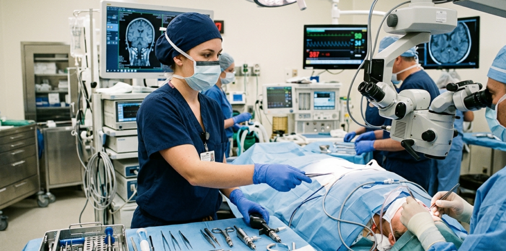 Surgical team member assisting during a procedure in an operating room.