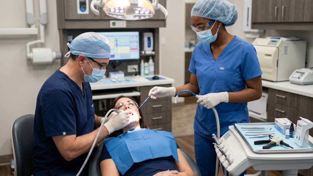Dental assistant in blue scrubs and protective equipment holds a suction instrument while a dentist treats a patient in a dental clinic.