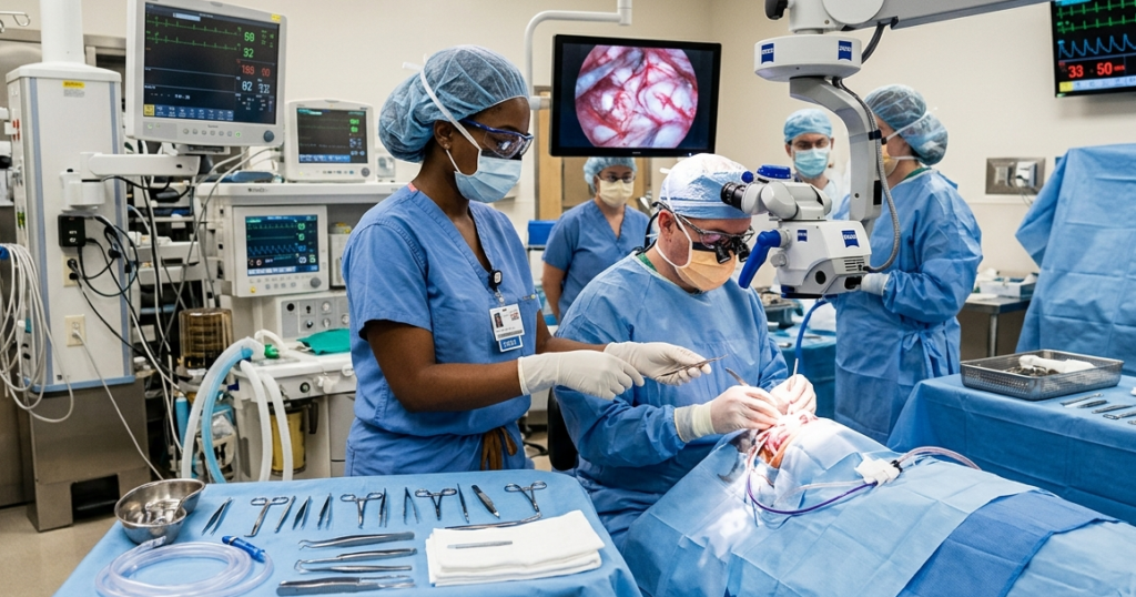 Surgical team member assisting with instruments during a procedure in an operating room.