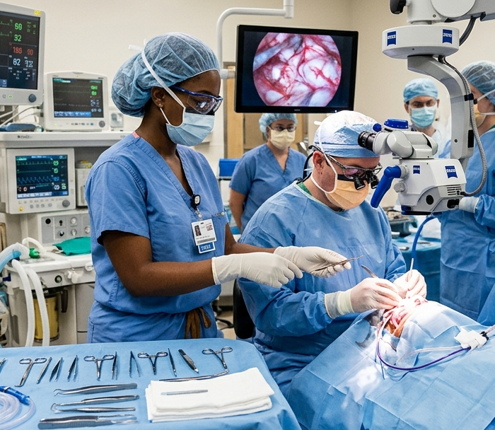 Surgical team member assisting with instruments during a procedure in an operating room.