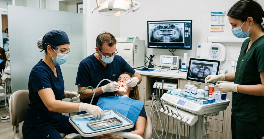 Dental assistant in navy scrubs supports a dentist during a patient procedure while another dental team member prepares materials nearby.