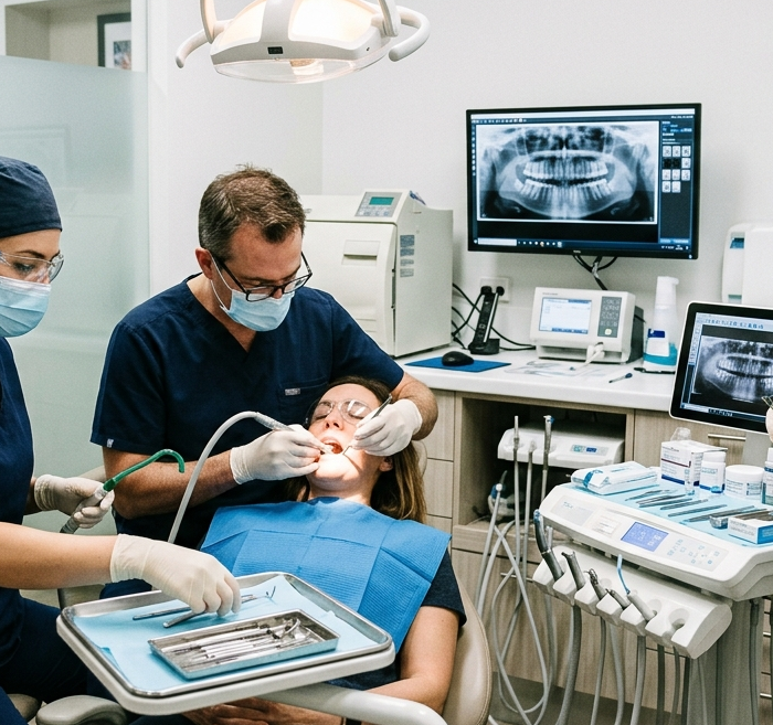 Dental assistant in navy scrubs supports a dentist during a patient procedure while another dental team member prepares materials nearby.