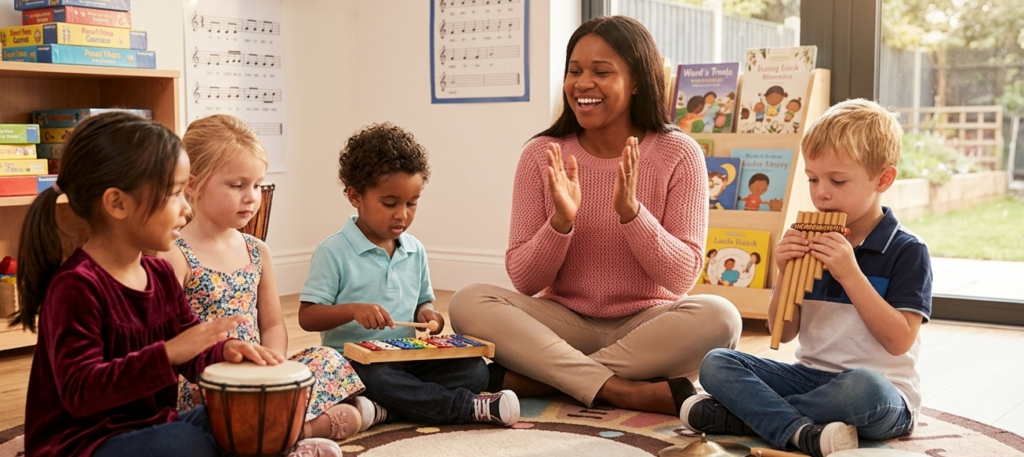 Early childhood educator leading a play-based music activity with young children