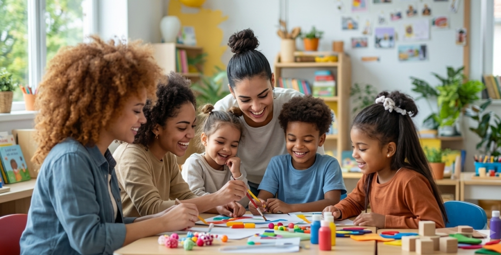 Early childhood educator supporting young children during a hands-on learning activity