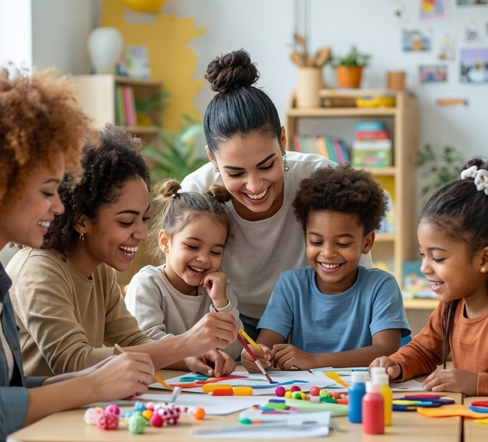 Early childhood educator supporting young children during a hands-on learning activity