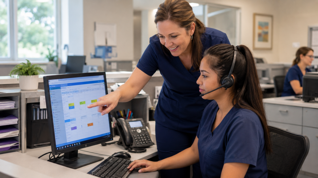 Two medical office professionals in navy scrubs review a digital appointment calendar at a computer workstation.