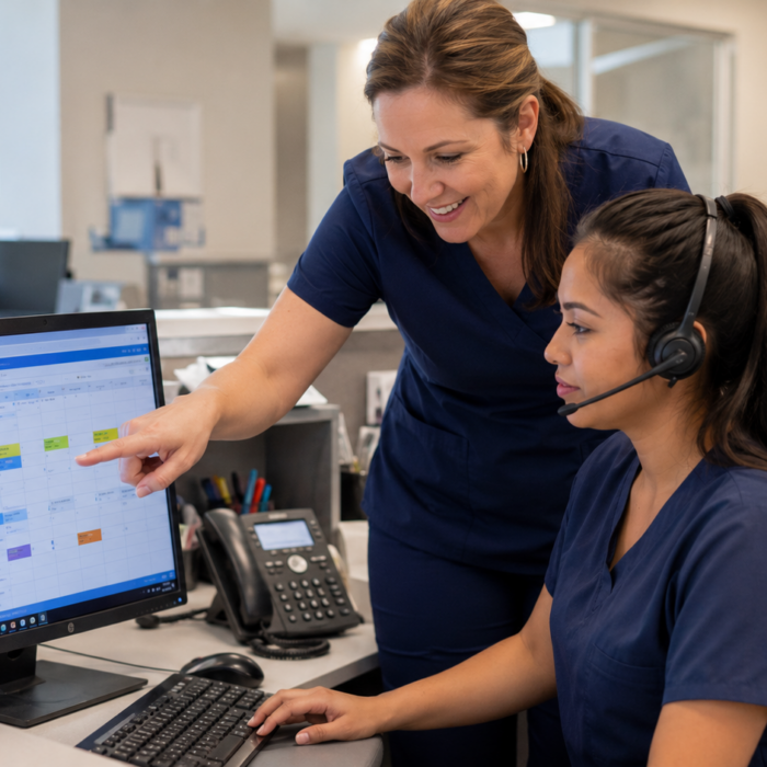 Two medical office professionals in navy scrubs review a digital appointment calendar at a computer workstation.