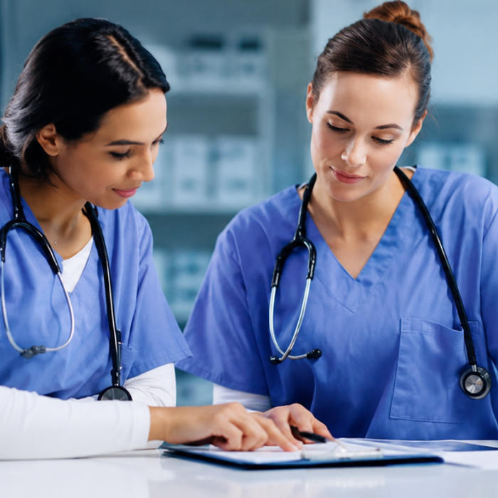 Licensed practical nurses reviewing patient records together in a healthcare setting.