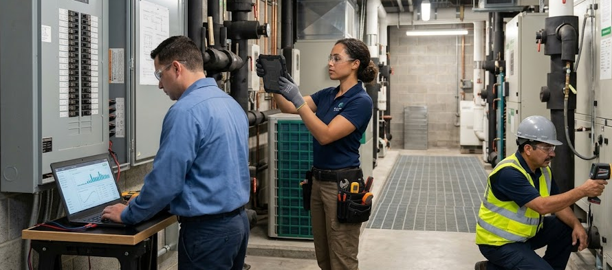Three HVAC/R technicians using a laptop and handheld diagnostic tools beside equipment in a commercial mechanical room.