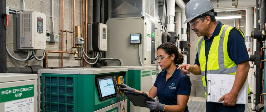 Two HVAC/R technicians reviewing diagnostic readings beside equipment in a mechanical room.
