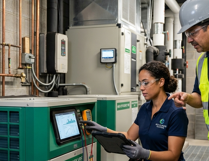 Two HVAC/R technicians reviewing diagnostic readings beside equipment in a mechanical room.