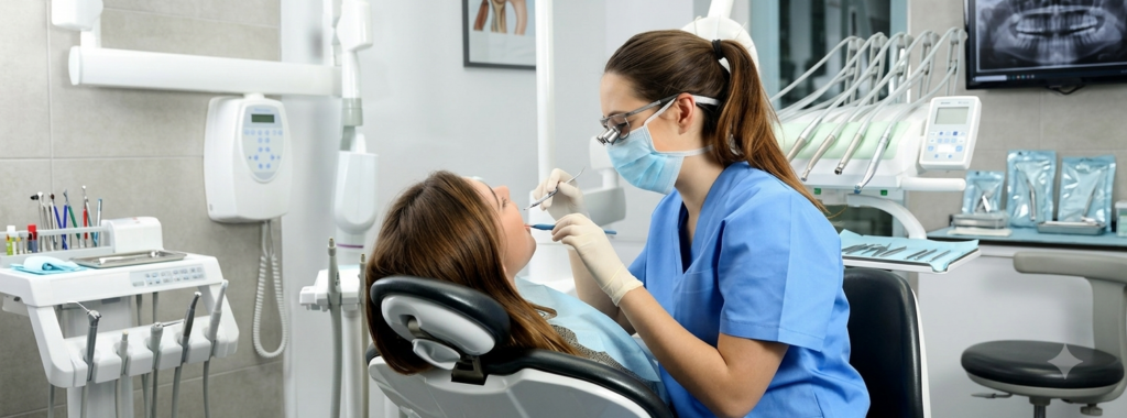 Dental professional in blue scrubs, mask, and protective eyewear examining a patient seated in a dental chair.