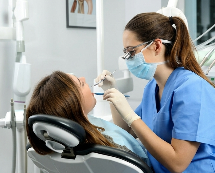 Dental professional in blue scrubs, mask, and protective eyewear examining a patient seated in a dental chair.