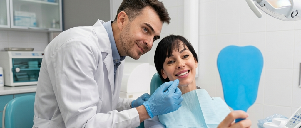 Dental professional wearing blue gloves showing a smiling patient her teeth with a handheld mirror during a dental appointment.