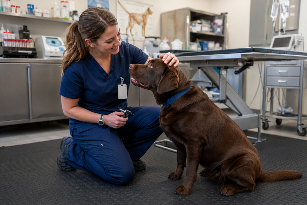 A veterinary professional in navy scrubs gently comforting a chocolate Labrador Retriever in a veterinary clinic examination room.
