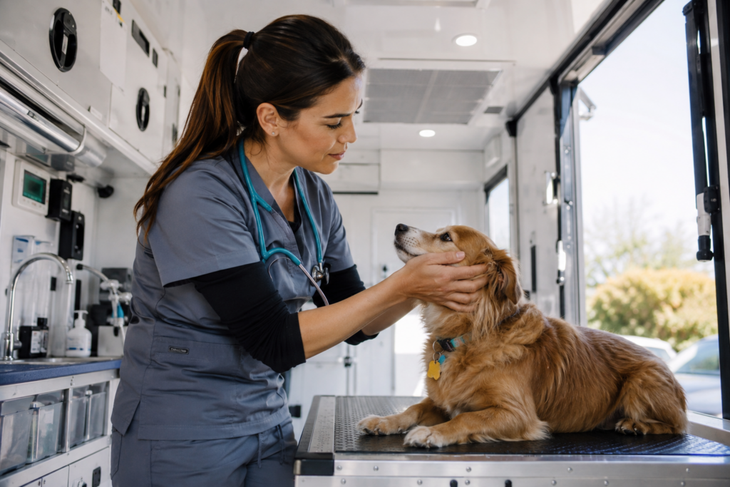 Animal care worker examining a dog inside a mobile veterinary care van.