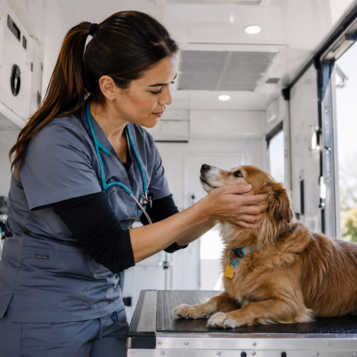 Animal care worker examining a dog inside a mobile veterinary care van.