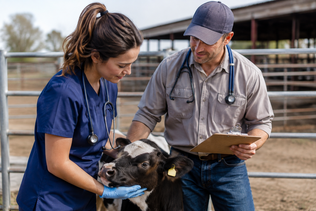Person in blue scrubs supporting a calf’s chin while another person holds a clipboard in a farm enclosure.