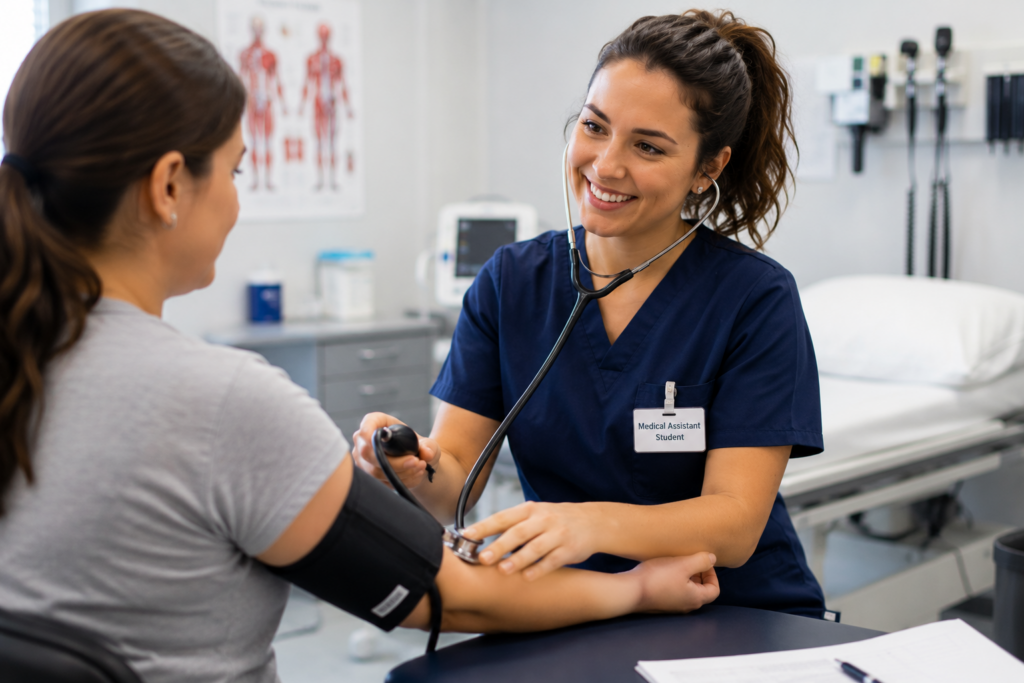 Medical assistant demonstrating clinical skills in a healthcare training setting.