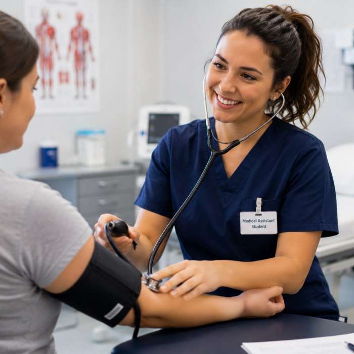 Medical assistant demonstrating clinical skills in a healthcare training setting.