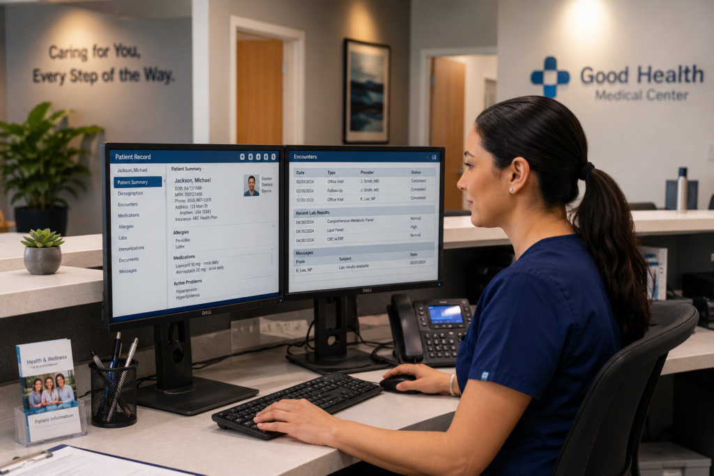 Medical assistant working with electronic health records to support administrative tasks in a healthcare office.