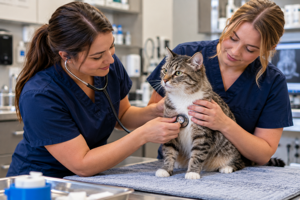Two veterinary professionals in navy scrubs examining a tabby cat with a stethoscope while gently supporting the animal on an examination table.