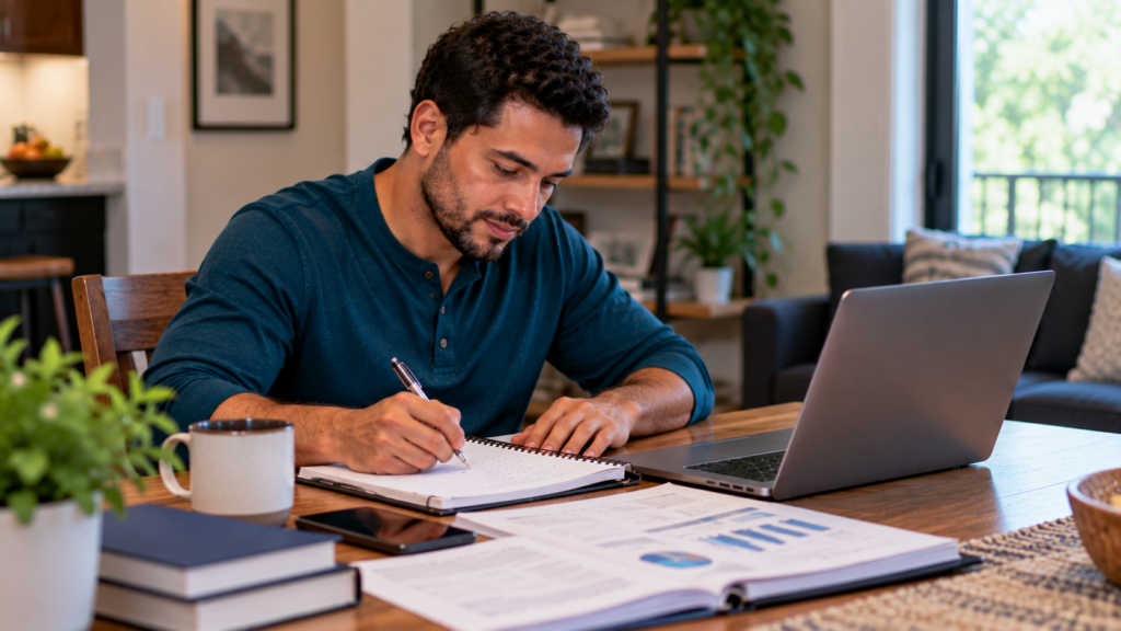 Business administration student reviewing coursework and taking notes during online study
