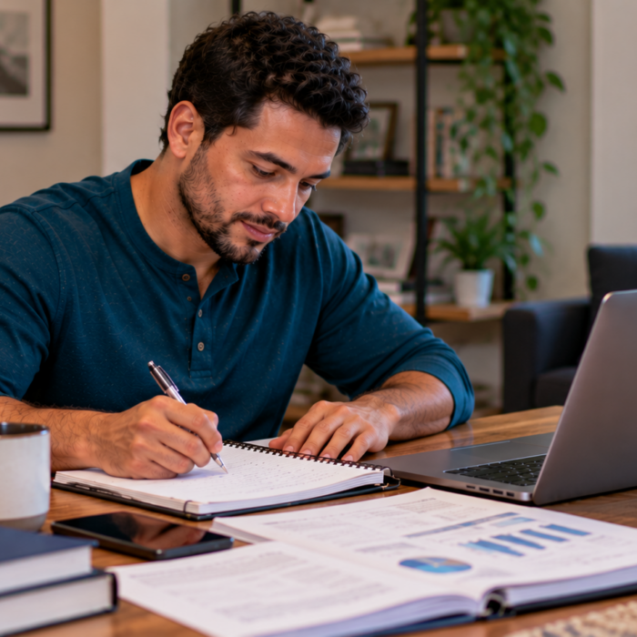Business administration student reviewing coursework and taking notes during online study