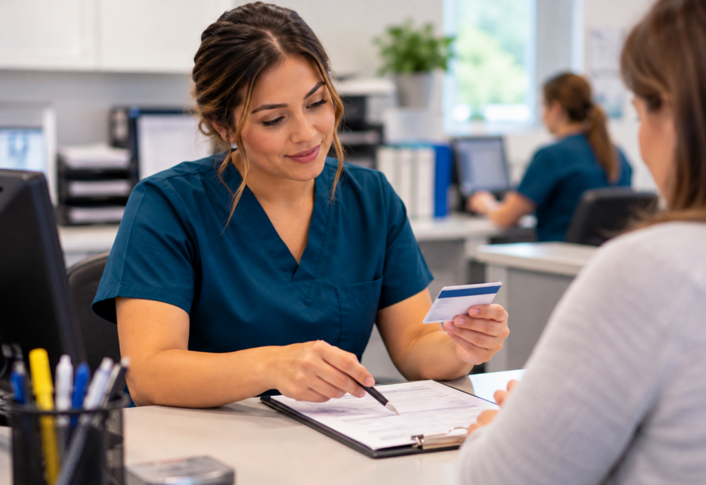 Medical office professional in teal-blue scrubs reviews an insurance card and patient paperwork with a patient at a reception desk.