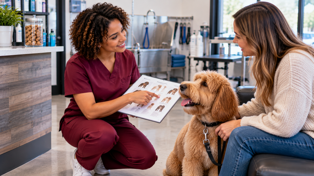 Pet grooming professional in burgundy scrubs discussing dog coat-care options with a pet owner while a golden, curly-coated dog sits beside them.