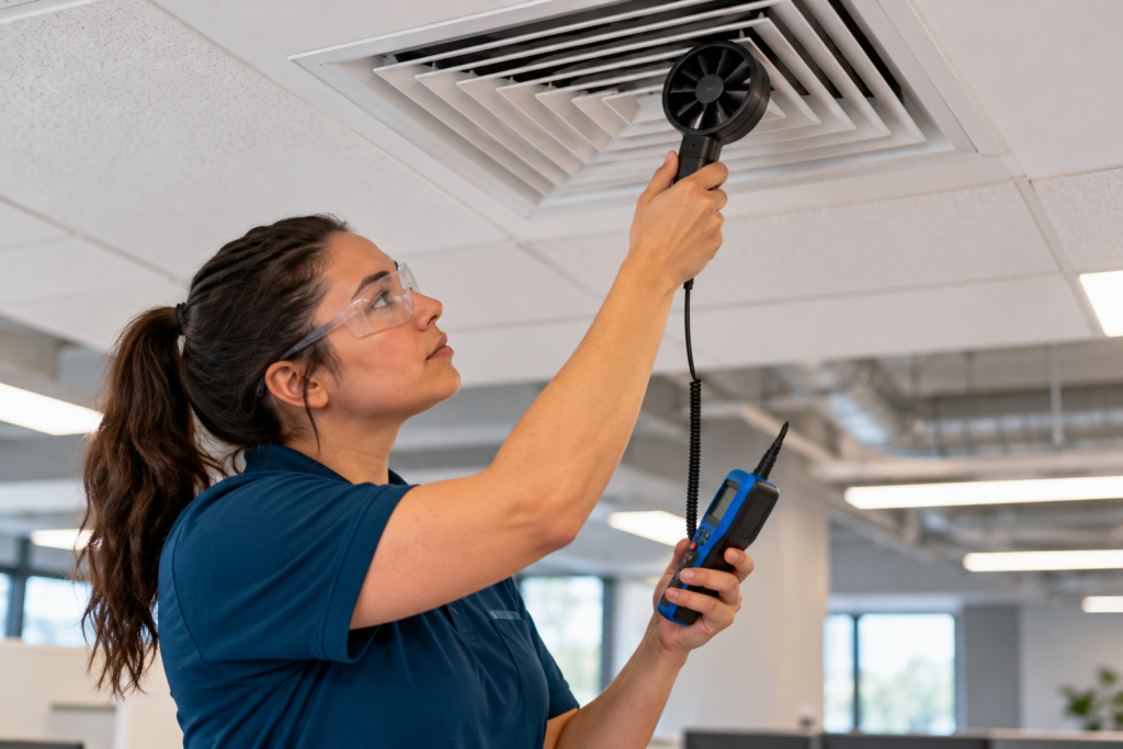 Female HVAC technician using a handheld anemometer to measure airflow at a ceiling vent in a commercial building.