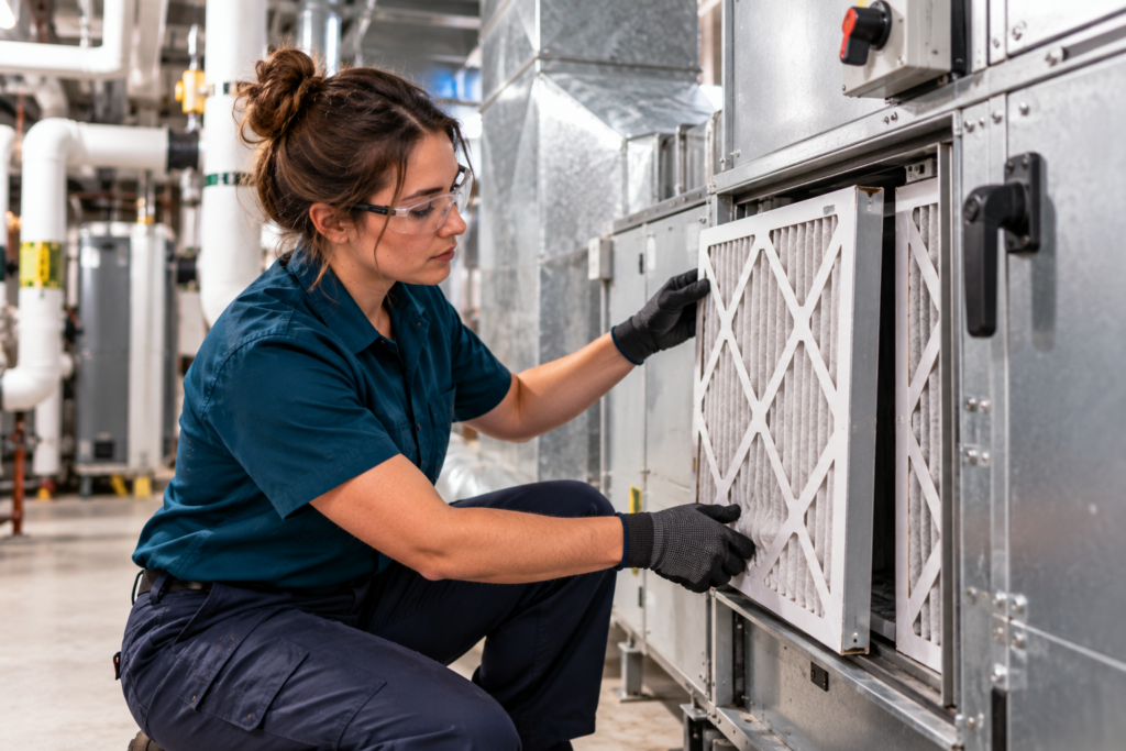 Female HVAC technician wearing a teal work shirt inspecting an air filter in a commercial air-handling unit.
