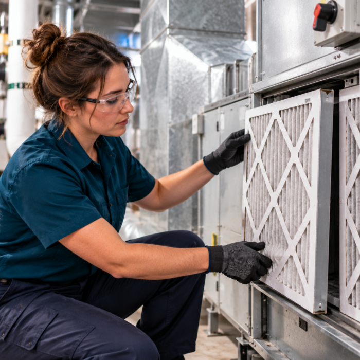 Female HVAC technician wearing a teal work shirt inspecting an air filter in a commercial air-handling unit.