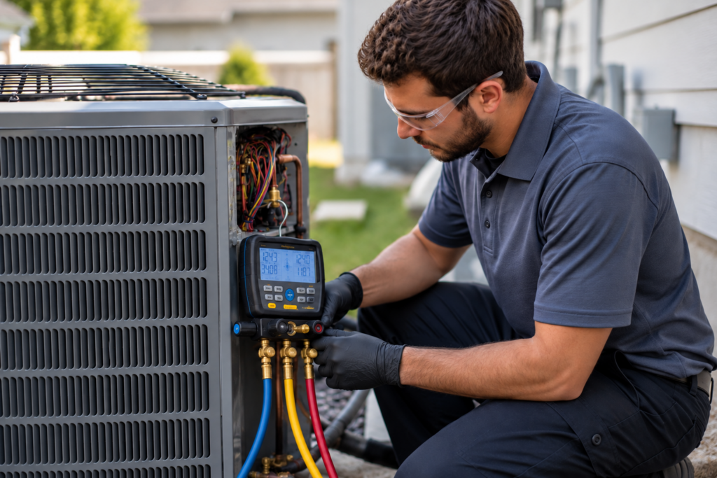 HVAC technician wearing safety glasses connecting digital manifold gauges to an outdoor air conditioning unit.