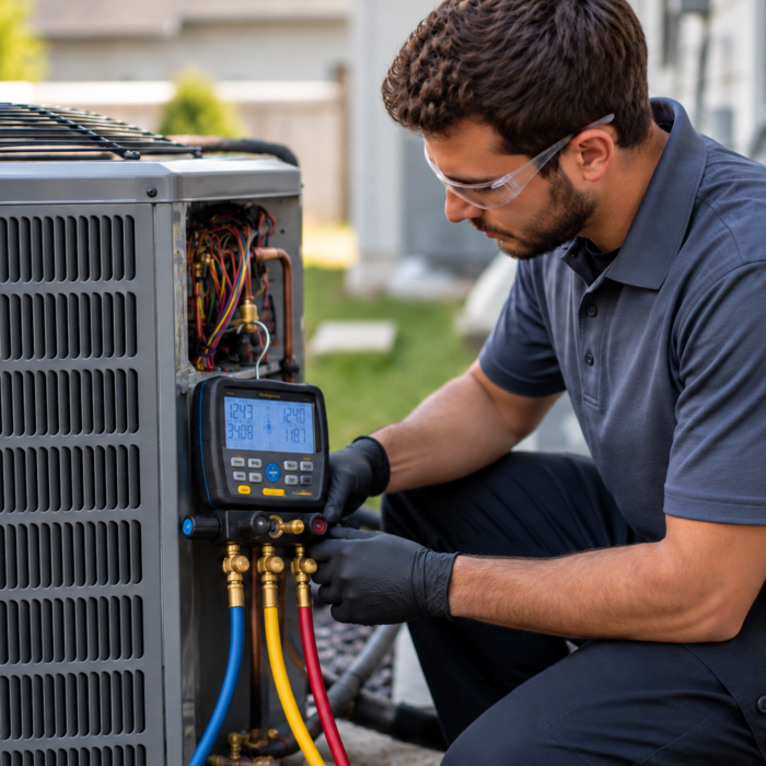 HVAC technician wearing safety glasses connecting digital manifold gauges to an outdoor air conditioning unit.