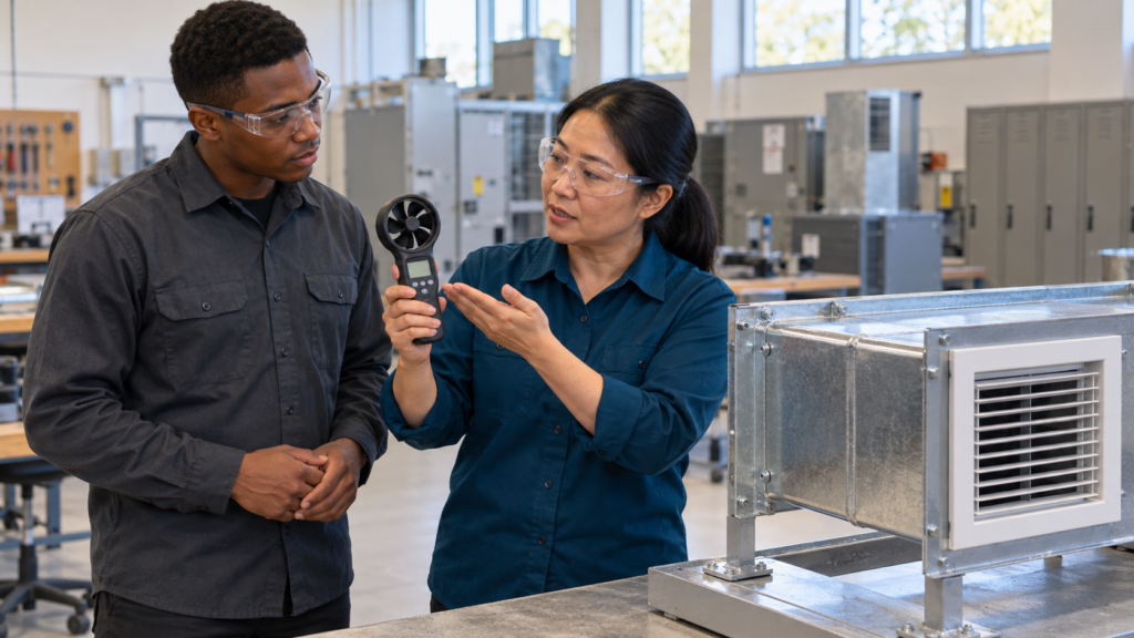 Instructor and learner wearing safety glasses review a handheld vane anemometer beside a duct-training station.