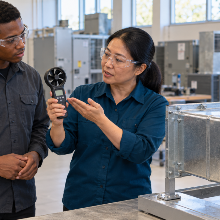 Instructor and learner wearing safety glasses review a handheld vane anemometer beside a duct-training station.
