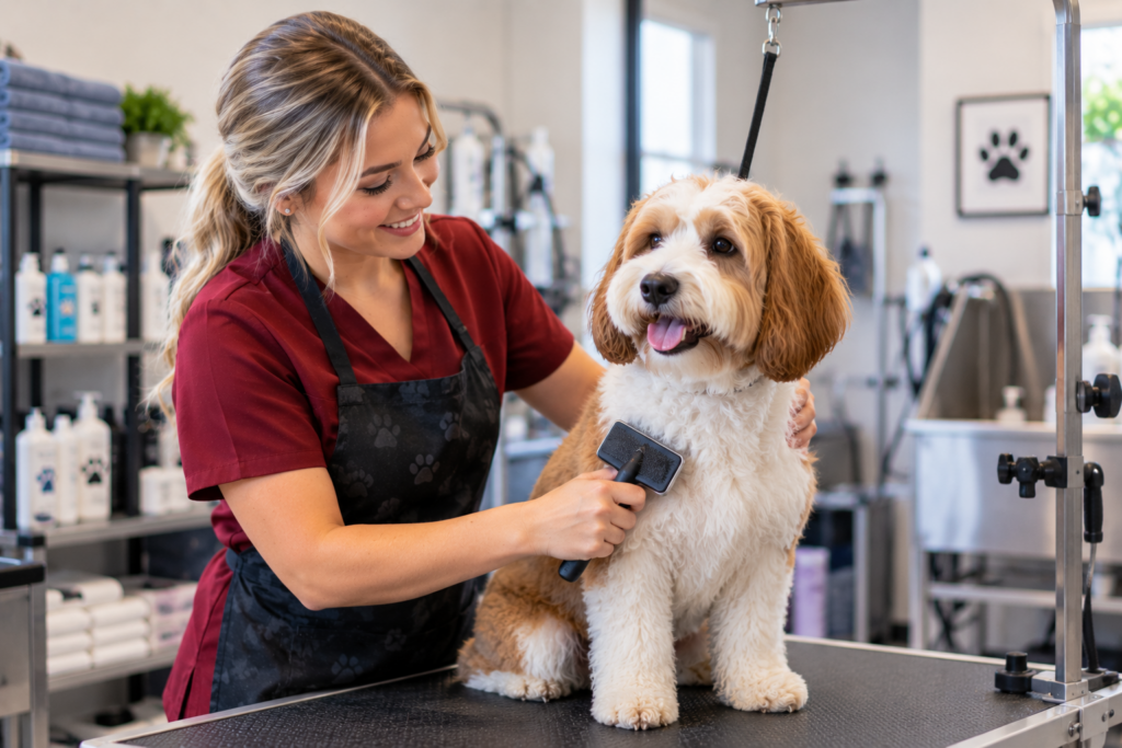 Professional groomer brushing a dog during a grooming session