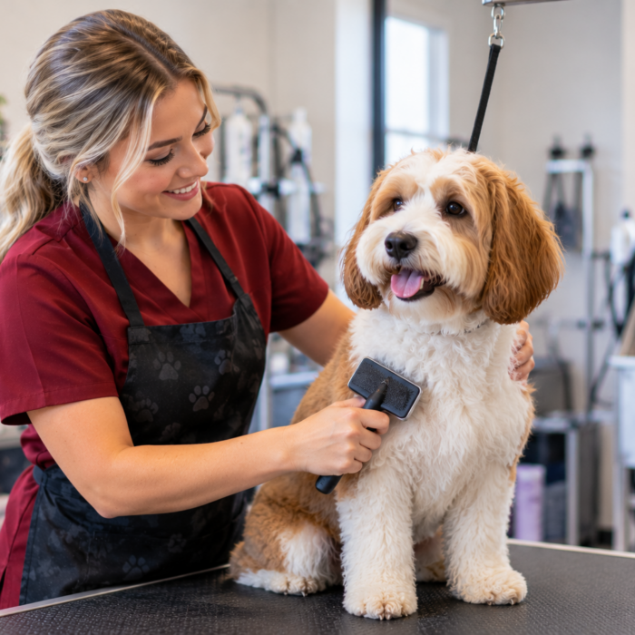 Professional groomer brushing a dog during a grooming session