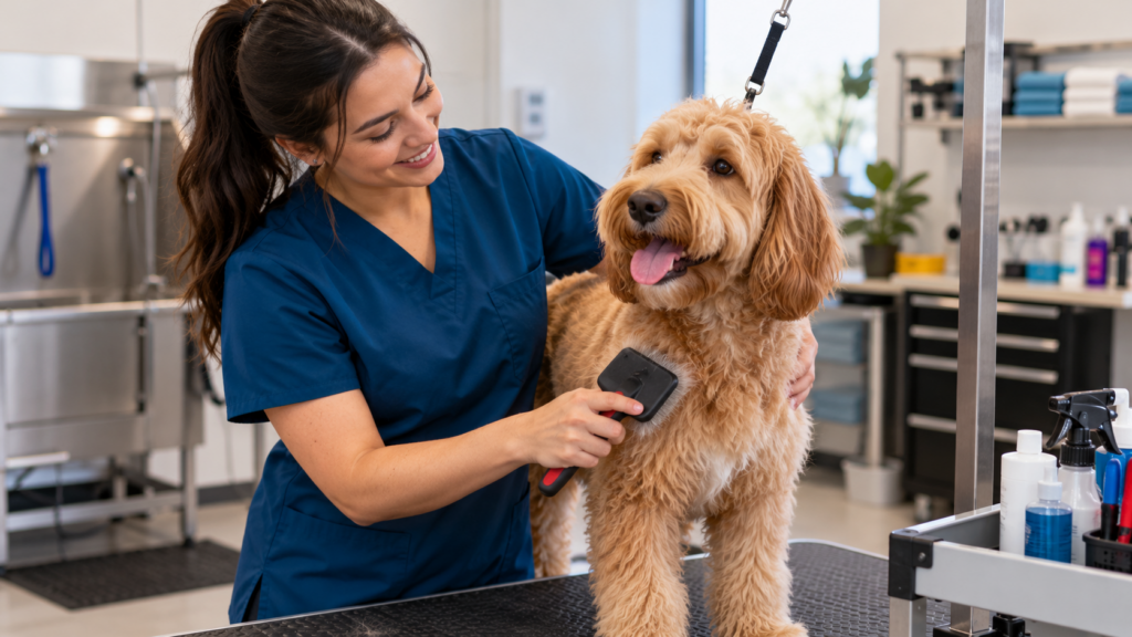 Pet grooming professional in dark blue scrubs brushing a curly-coated golden dog on a grooming table in a professional grooming salon.