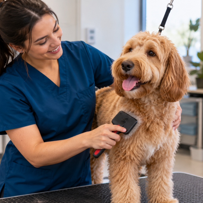 Pet grooming professional in dark blue scrubs brushing a curly-coated golden dog on a grooming table in a professional grooming salon.