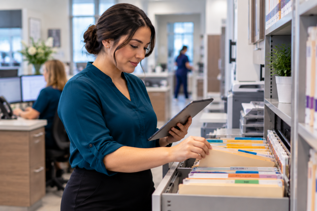 Healthcare administration professional organizing medical records and reviewing information on a tablet