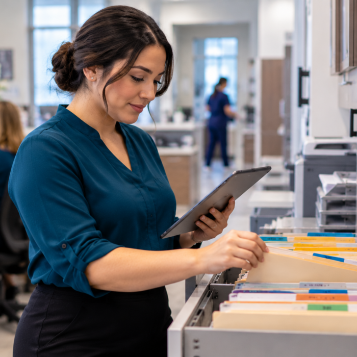 Healthcare administration professional organizing medical records and reviewing information on a tablet